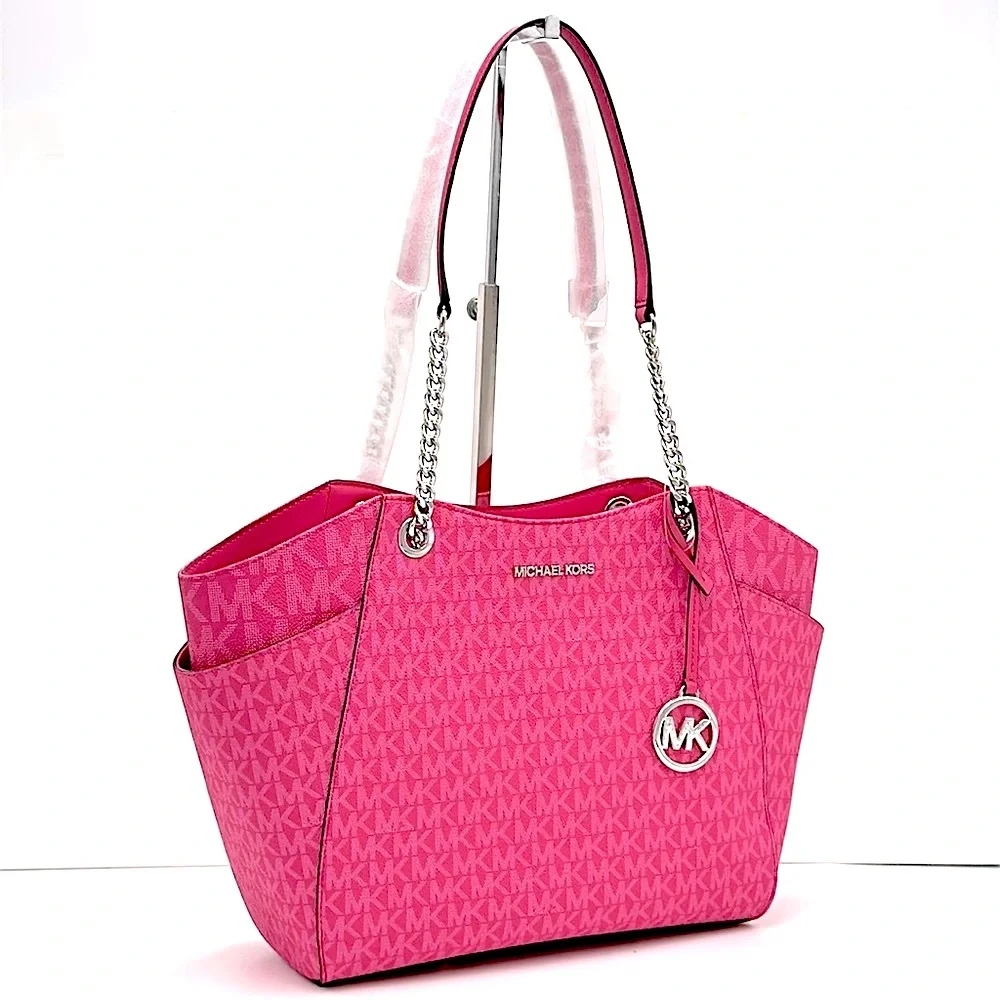 MICHAEL KORS  Jet Set Travel Large Signature Chain Shoulder Tote Bag Dragonfruit - Picture 3 of 14